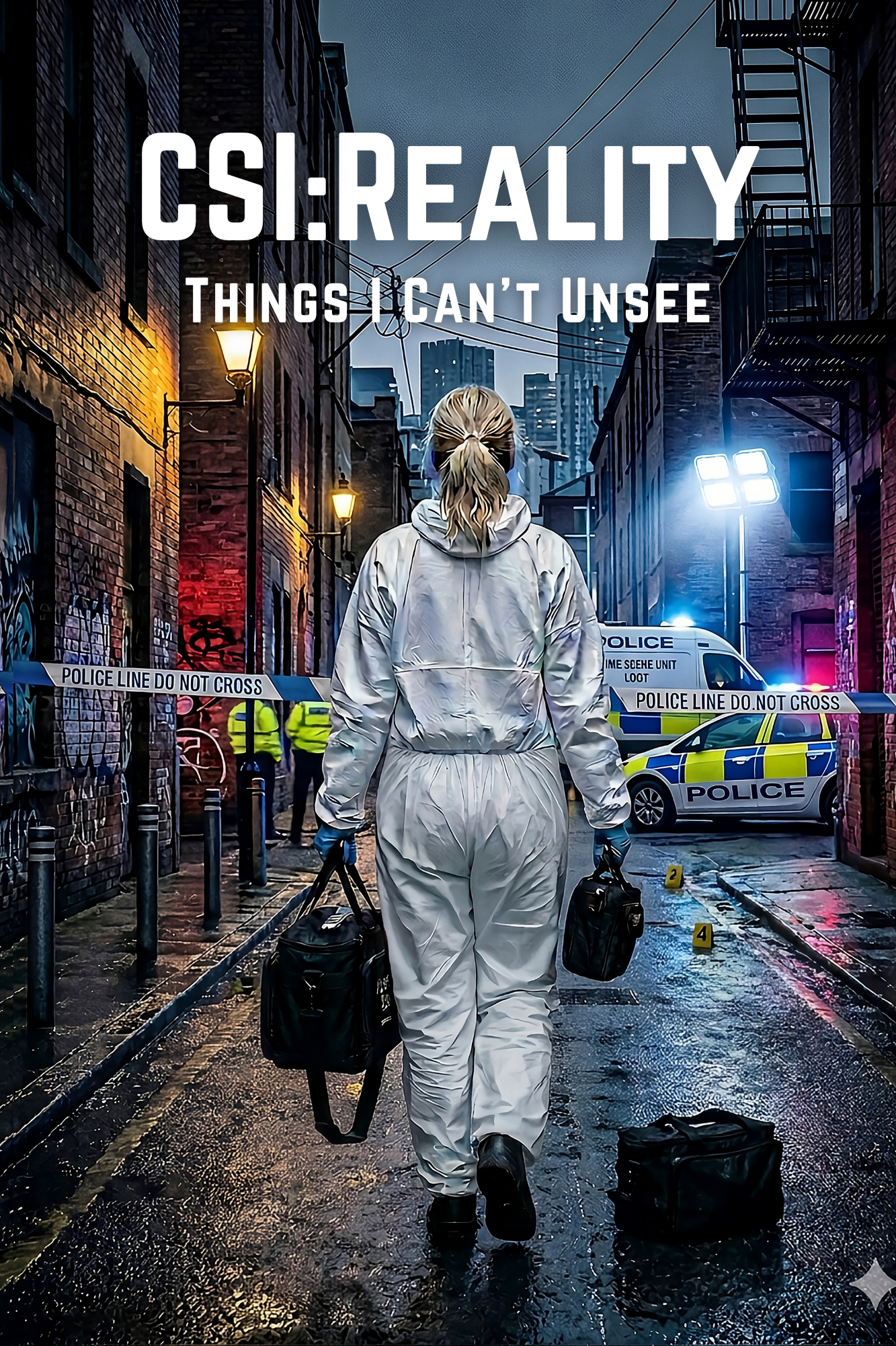 csi reality book cover with female in white suit walking towards a crime scene holding kit bag